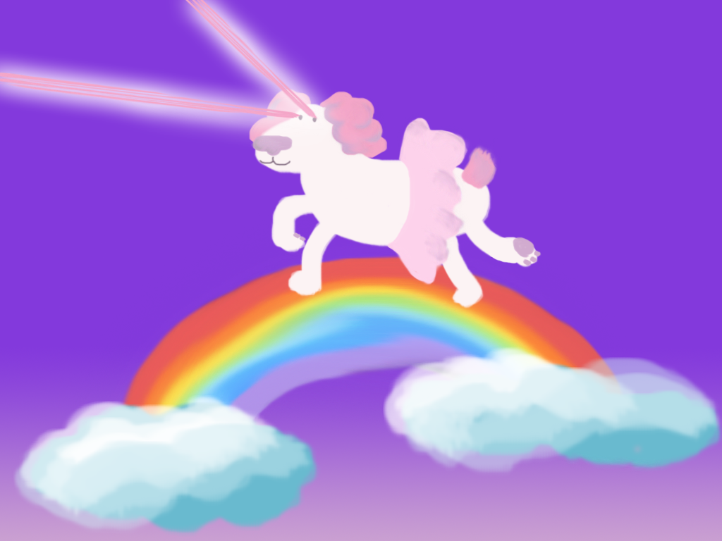 Dog with tutu on rainbow and clouds shooting lasers from his eyes.