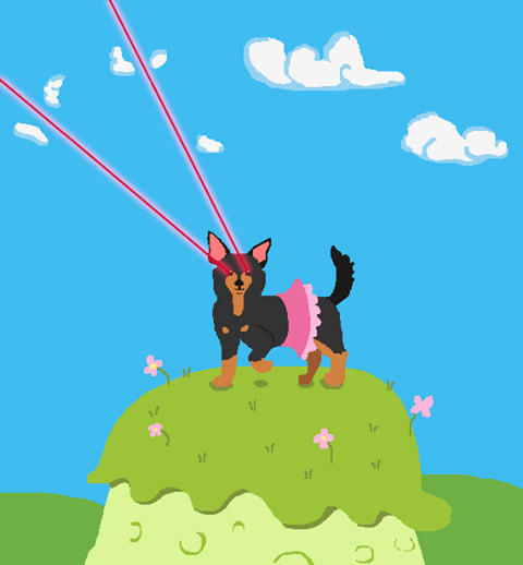 Dog in tutu standing on a hill and destroying clouds