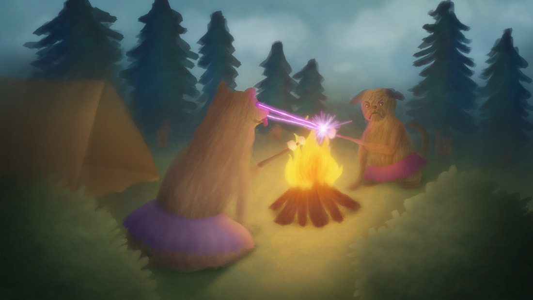 Dogs in Tutu sitting at Campfire frying marshmellow with Laser