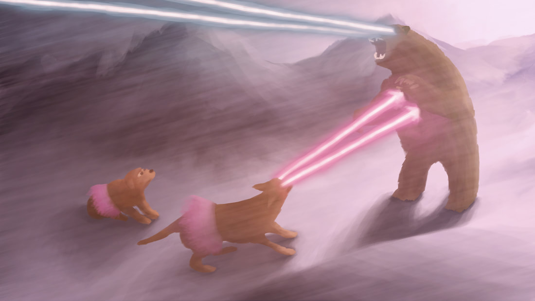 Dog mother is defending her whelp against a laser bear attack.