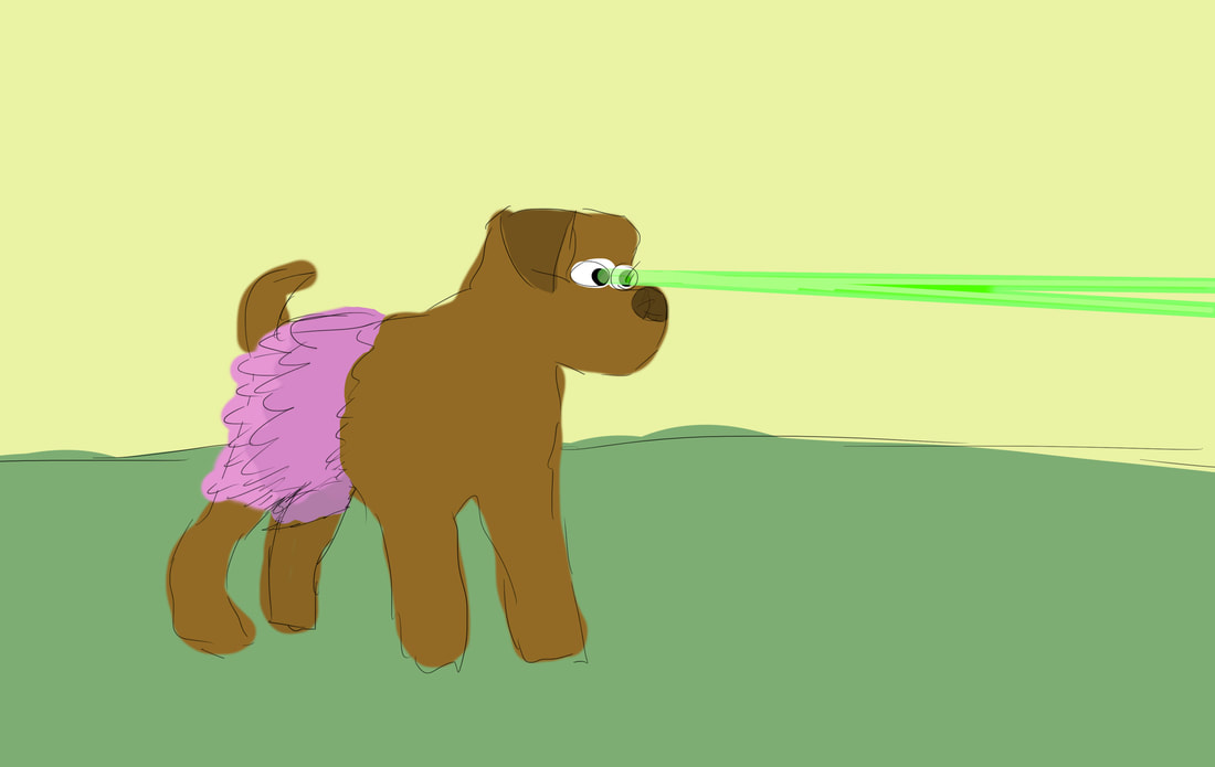 Dog in pink tutu, shooting laser with his eyes.