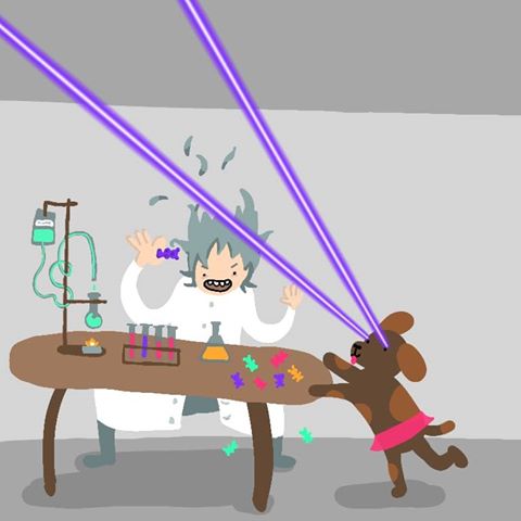 Mad scientist and his laser dog research Gummy Bears